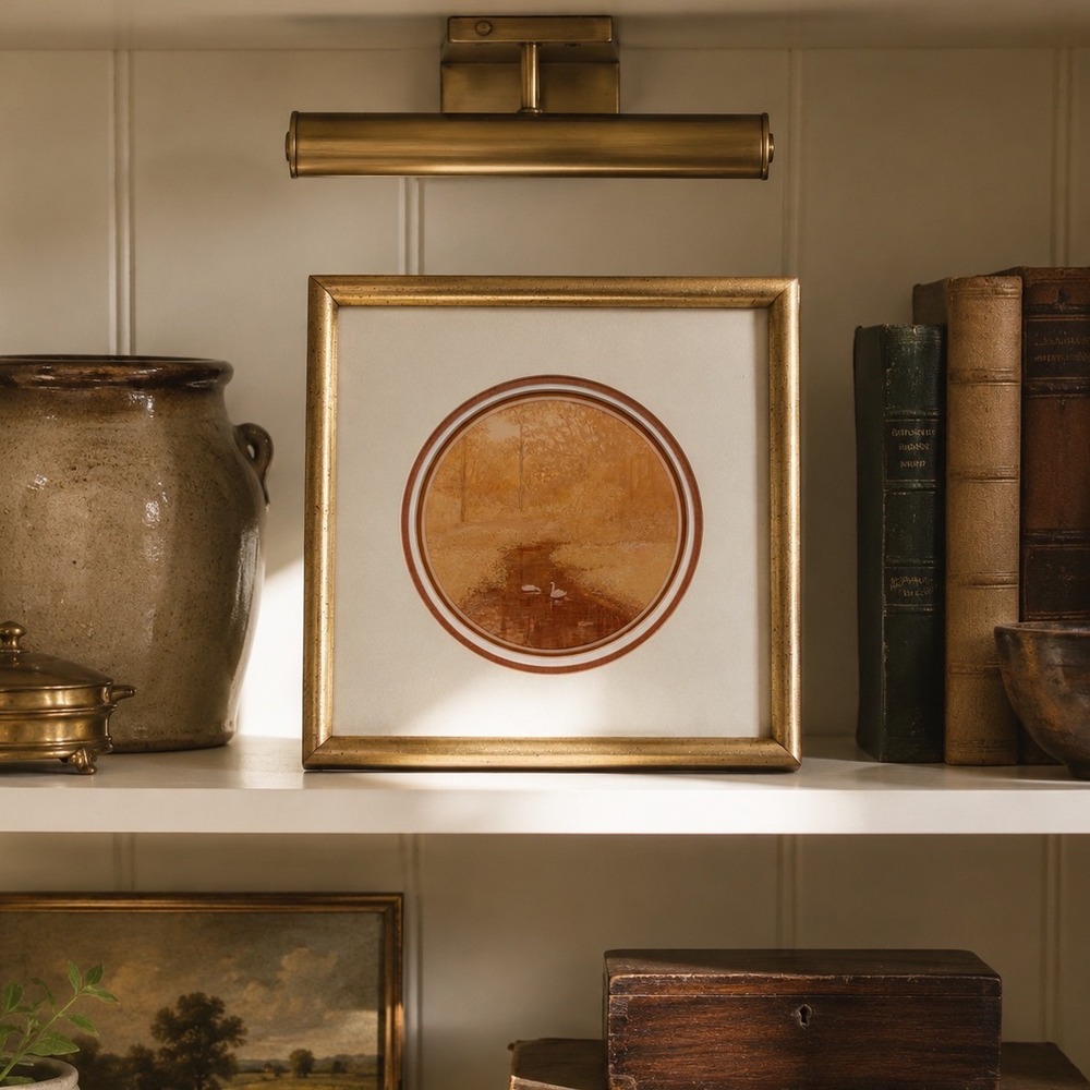 Vintage Swan Landscape Print Framed Art Cottagecore Shelf Decor Gold Frame USA